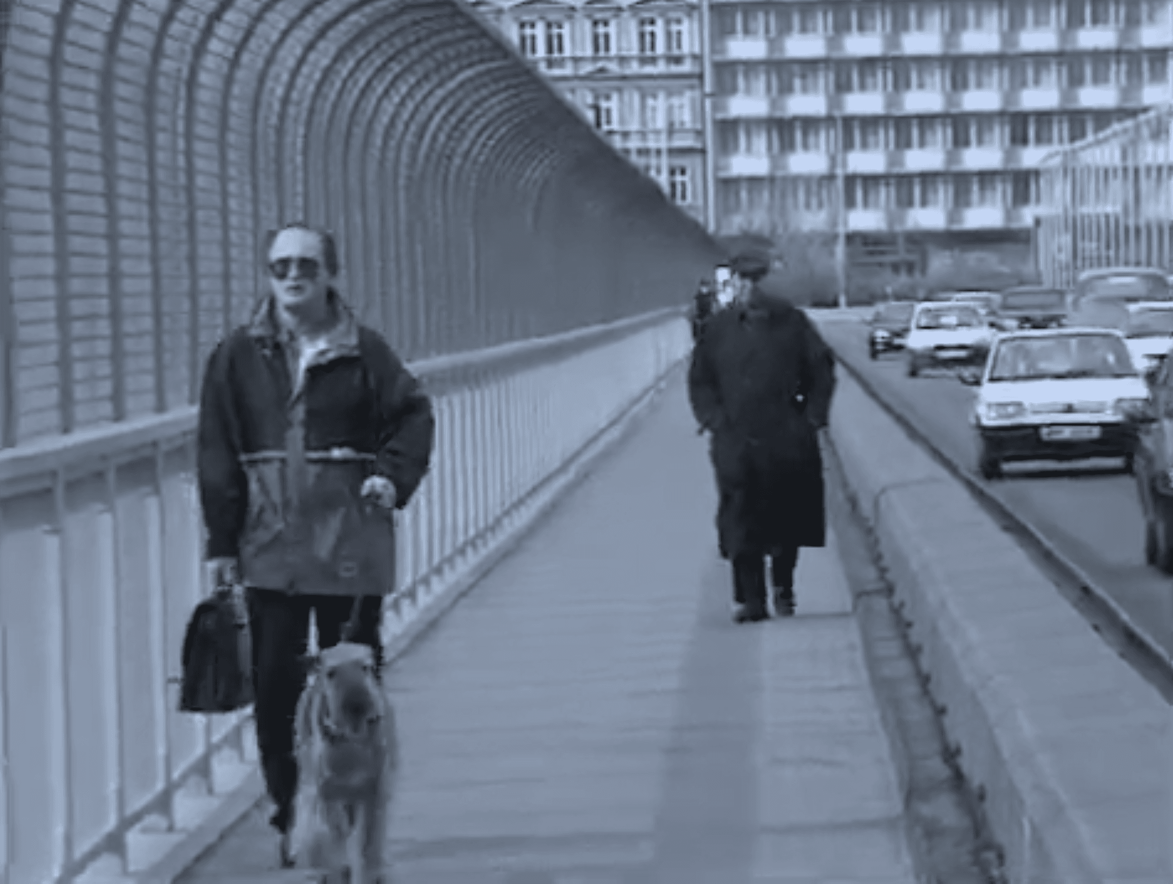 Обложка сезона. Черно-белая фотография. На переднем плане по пешеходной части моста идет человек в очках с портфелем и собакой, за ним идет Виктор Пивоваров в темном пальто. Справа видны машины, двигающиеся по мосту.